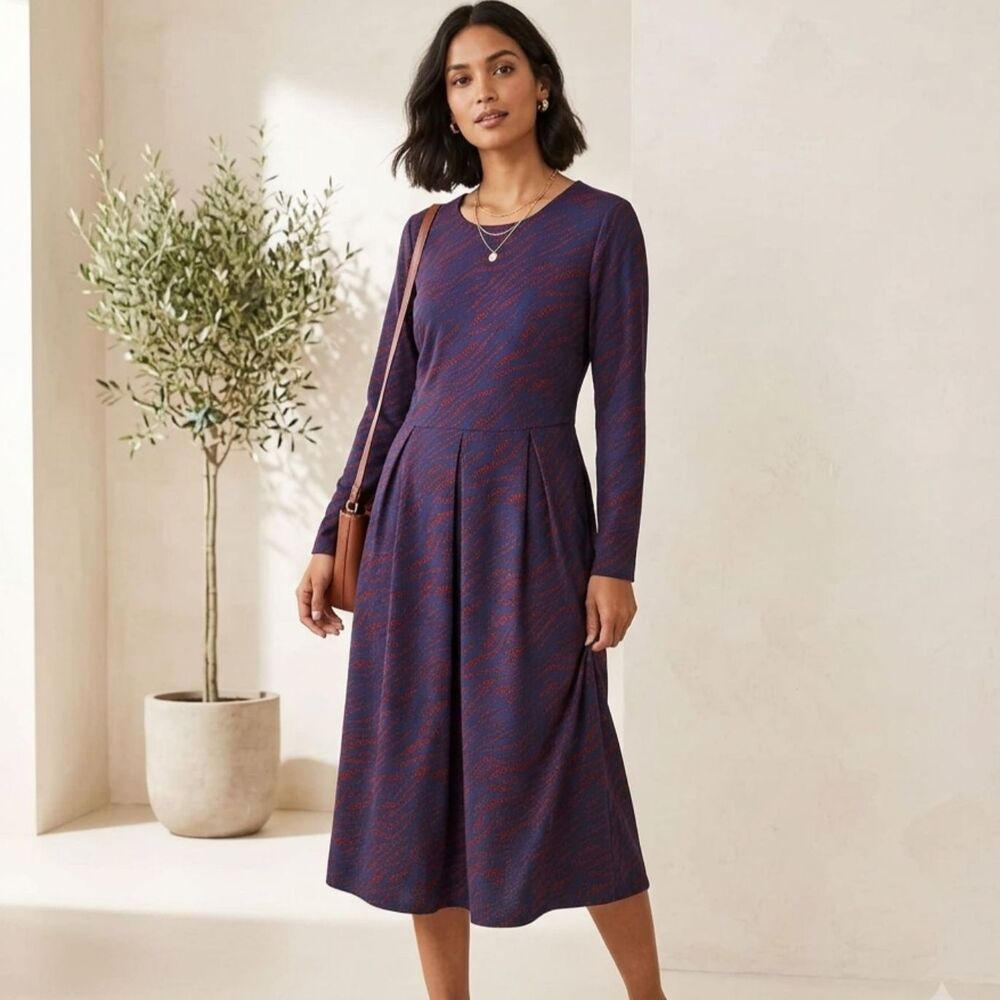 Boden Lydia Navy Burgundy Zebra Midi Dress 10 Modest Workwear Dark Academia Fall